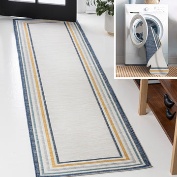 Pollux Classic Coastal Mitred Stripe Reversible Machine-Washable Indoor/Outdoor Area Rug